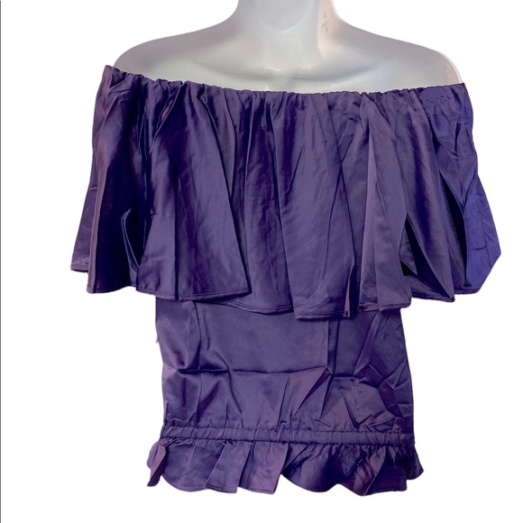 Rachel Lym PURPLE Resort Top Stretch Satin Swim Coverup Ruffle Off Shoulder - Picture 5 of 12